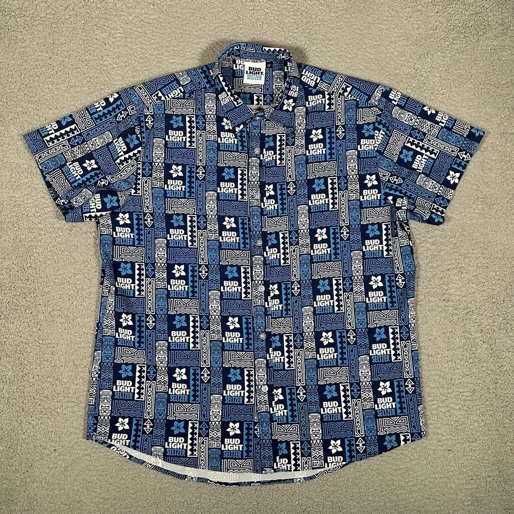 Bud Light Seltzer Shirt Mens Medium Blue‎ Hawaiian Tiki All Over Print Polyester